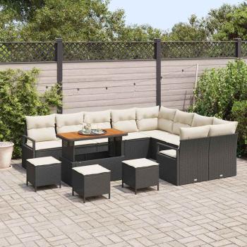 13-teiliges Garten Sofa Set mit Kissen Schwarz Poly Rattan Akazie, 2-Sitzer Garten Sofa mit Stauraum & Kissen Schwarz Poly Rattan, 4-teiliges Garten Essset mit Kissen Schwarz Poly Rattan Akazie