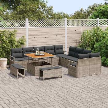 13-teiliges Gartensofa-Set mit Kissen Grau Poly-Rattan Akazie, 2-Sitzer-Gartensofa mit Stauraum und Kissen Grau Poly-Rattan, 3-teiliges Gartenset mit Kissen Grau Poly-Rattan Akazie