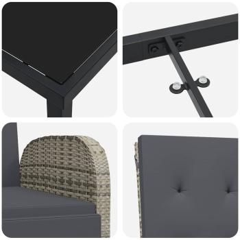 3-teiliges Garten-Ess-Set Grau mit Kissen aus Poly Rattan