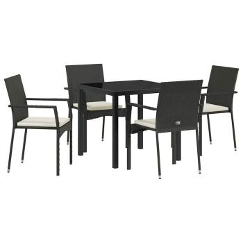5-teiliges Garten-Ess-Set mit Kissen Schwarz Poly Rattan