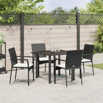 5-teiliges Garten-Ess-Set mit Kissen Schwarz Poly Rattan