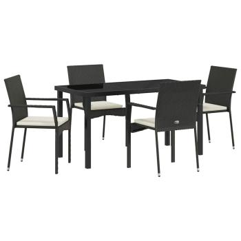 5-teiliges Garten-Ess-Set mit Kissen Schwarz Poly-Rattan