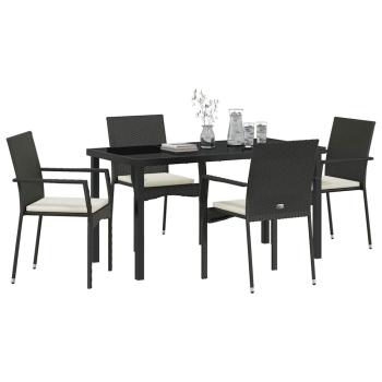5-teiliges Garten-Ess-Set mit Kissen Schwarz Poly-Rattan