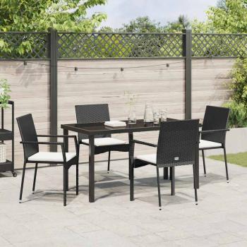 5-teiliges Garten-Ess-Set mit Kissen Schwarz Poly-Rattan