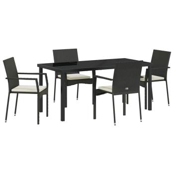 5-teiliges Garten-Ess-Set mit Kissen Schwarz Poly-Rattan