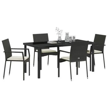 5-teiliges Garten-Ess-Set mit Kissen Schwarz Poly-Rattan