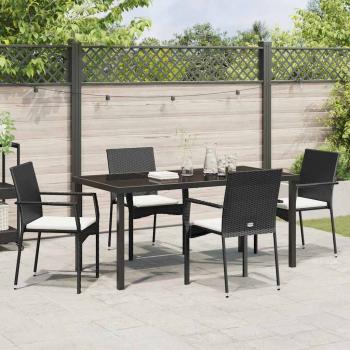 5-teiliges Garten-Ess-Set mit Kissen Schwarz Poly-Rattan