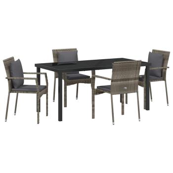 5-teiliges Garten-Essset mit Kissen Grau Poly Rattan