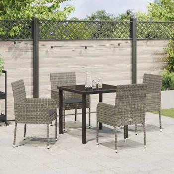 5-teiliges Garten-Essset mit Kissen Grau Poly Rattan