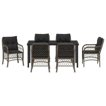 7-teiliges Garten-Ess-Set mit Kissen Grau Poly-Rattan