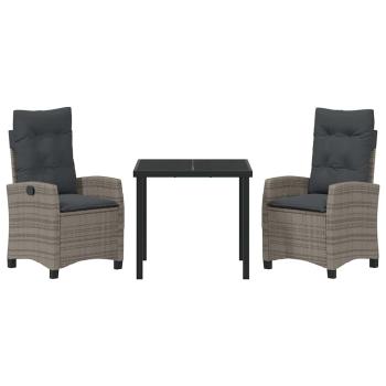 3-teilige Garten-Esstischgruppe mit Kissen Grau Poly Rattan