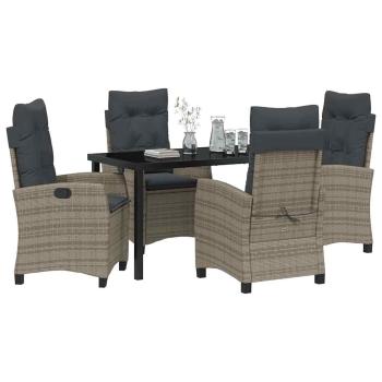 5-teiliges Garten-Ess-Set mit Kissen Grau Poly Rattan