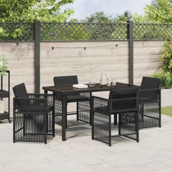 5-teiliges Garten-Essset mit Kissen Schwarz Poly Rattan