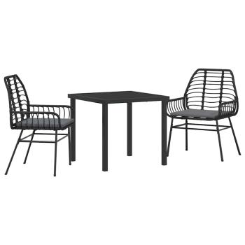 3-teiliges Garten-Essset mit Kissen Schwarz Poly Rattan