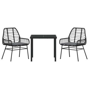 3-teiliges Garten-Essset mit Kissen Schwarz Poly Rattan