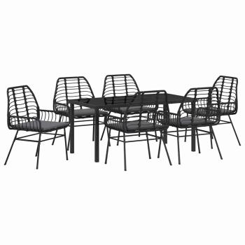 7-teiliges Garten-Ess-Set mit Kissen Schwarz Poly-Rattan