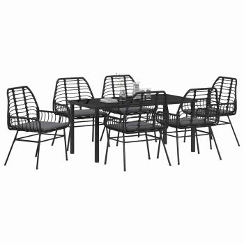 7-teiliges Garten-Ess-Set mit Kissen Schwarz Poly-Rattan