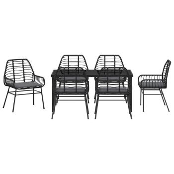 7-teiliges Garten-Ess-Set mit Kissen Schwarz Poly-Rattan