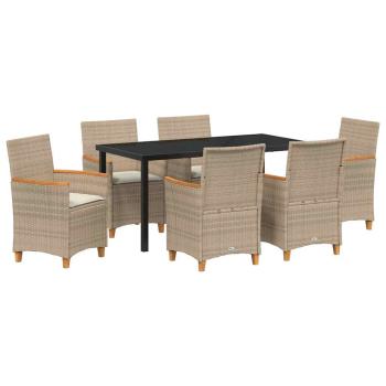 7-teiliges Garten-Esszimmer Set mit Kissen Beige Poly-Rattan