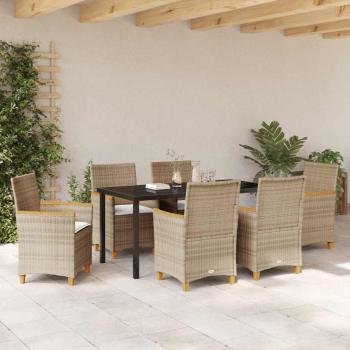 7-teiliges Garten-Esszimmer Set mit Kissen Beige Poly-Rattan