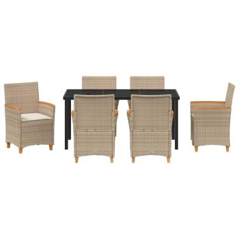 7-teiliges Garten-Esszimmer Set mit Kissen Beige Poly-Rattan