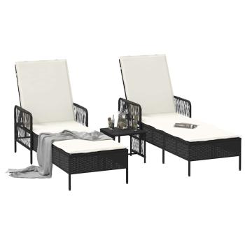 Sonnenliege Set 3-teilig Schwarz und Creme PE Rattan, Metall
