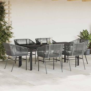 7-tlg. Garten-Essgruppe mit Kissen Grau Poly Rattan Glas