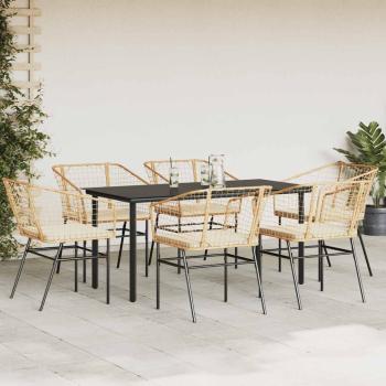 7-tlg. Garten-Essgruppe mit Kissen Braun Poly Rattan Glas