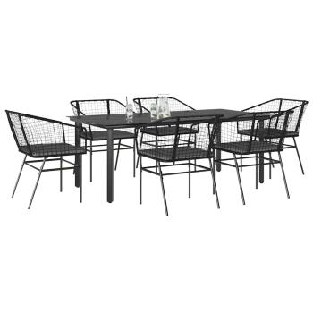ARDEBO.de - 7-tlg. Garten-Essgruppe mit Kissen Schwarz Poly Rattan Glas