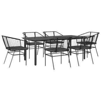 7-tlg. Garten-Essgruppe mit Kissen Schwarz Poly Rattan Glas