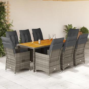 ARDEBO.de - 9-tlg. Garten-Bistro-Set mit Kissen Grau Poly Rattan