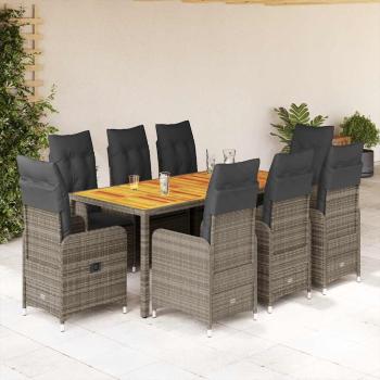 ARDEBO.de - 9-tlg. Garten-Bistro-Set mit Kissen Grau Poly Rattan