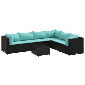 7-tlg. Garten-Lounge-Set mit Kissen Schwarz Poly Rattan