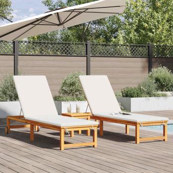 Sonnenliegen 2 Stück mit Kissen aus solidem Akazienholz, Sonnenliege mit cremeweißen Kissen aus solidem Akazienholz