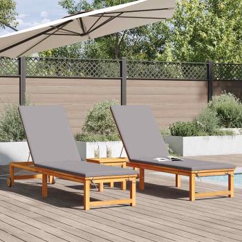Sonnenliegen 2 Stk. mit Kissen aus massivem Akazienholz, Sonnenliege mit hellgrauen Kissen aus massivem Akazienholz