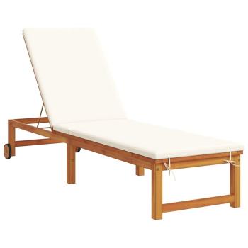 Sonnenliege mit Tisch und Kissen aus massivem Akazienholz, Sonnenliege mit Creme-Kissen aus massivem Akazienholz, Gartentisch 35x35x34 cm aus massivem Akazienholz