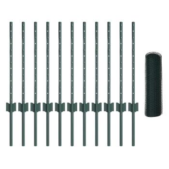 Zaunpfosten 11 Stück U-Kanal Grün 60 cm aus Stahl, Sechseckzaun Grün 0,6x25 m aus Stahl