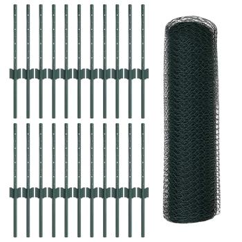 Zaunpfosten 11 Stück U-Kanal Grün 40 cm Stahl, Sechseckzaun Grün 0.4x50 m Stahl