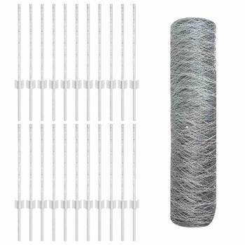 Zaunpfosten 11 Stück U-Kanal 60 cm galvanisierter Stahl, Sechseckzaun 0,6x50 m galvanisierter Stahl