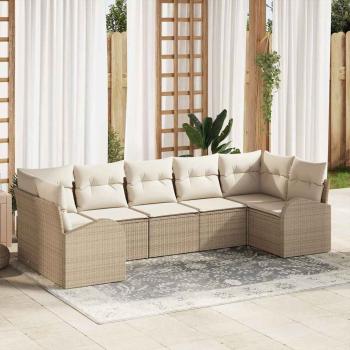 ARDEBO.de - 7-teiliges Garten Sofa Set mit Kissen Beige Poly Rattan