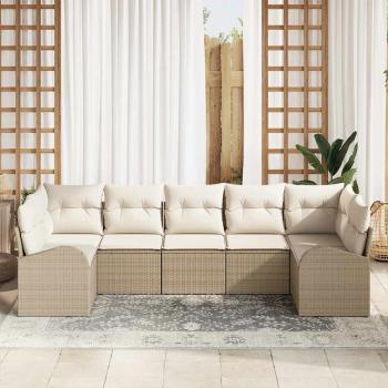 7-teiliges Garten Sofa Set mit Kissen Beige Poly Rattan