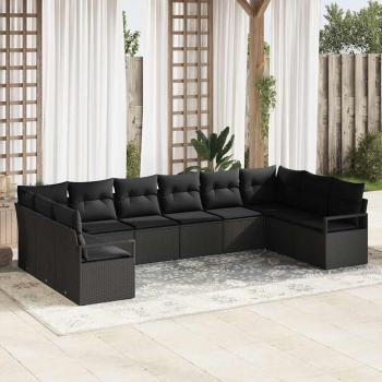 ARDEBO.de - 10-teiliges Garten-Sofa-Set mit Kissen Schwarz Poly-Rattan, 2-Sitzer Garten-Sofa mit Kissen Schwarz Poly-Rattan
