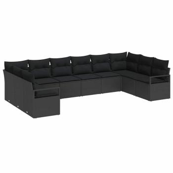 10-teiliges Garten-Sofa-Set mit Kissen Schwarz Poly-Rattan, 2-Sitzer Garten-Sofa mit Kissen Schwarz Poly-Rattan