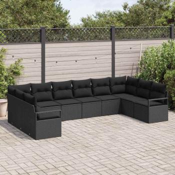 10-teiliges Garten-Sofa-Set mit Kissen Schwarz Poly-Rattan, 2-Sitzer Garten-Sofa mit Kissen Schwarz Poly-Rattan