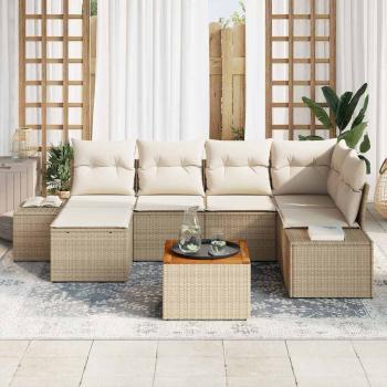 7-teiliges Garten Sofa Set mit Kissen Beige Poly Rattan Akazie