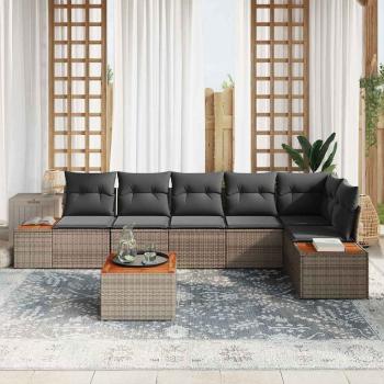 7-teiliges Garten Sofa Set mit Kissen Grau Poly Rattan Akazie