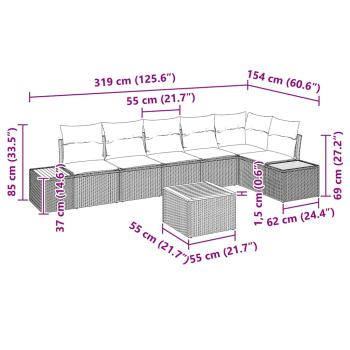 7-teiliges Garten Sofa Set mit Kissen Grau Poly Rattan Akazie