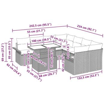 9-teiliges Garten Sofa Set mit Kissen Braunes Poly Rattan