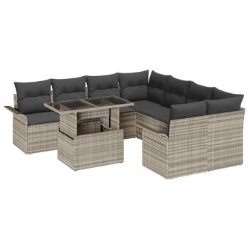9-teiliges Garten-Sofa-Set mit Kissen Hellgrau Poly-Rattan