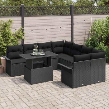 9-teiliges Garten Sofa Set mit Kissen Schwarz Poly Rattan